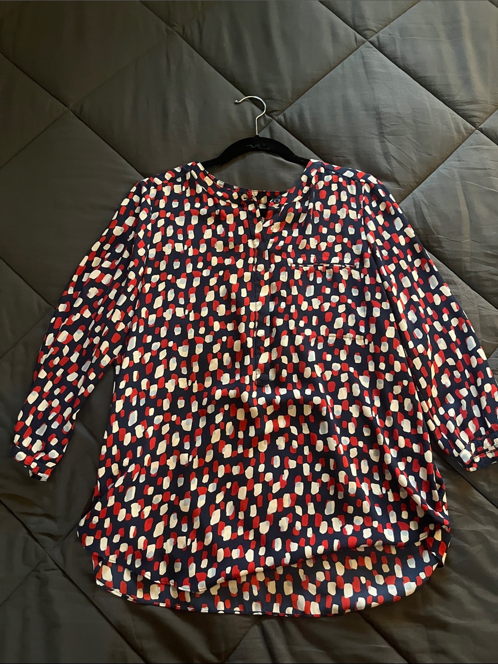 NYDJ Navy Blouse with Red and White Print